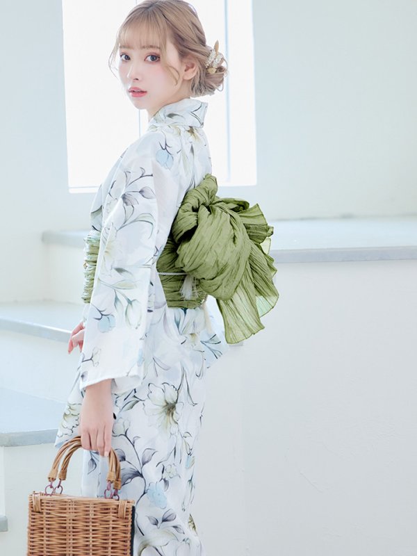 画像14: 【即日発送】水墨風イエロー×ブルー牡丹浴衣 浴衣/帯/飾り紐/下駄4点セット[YMT] (14)