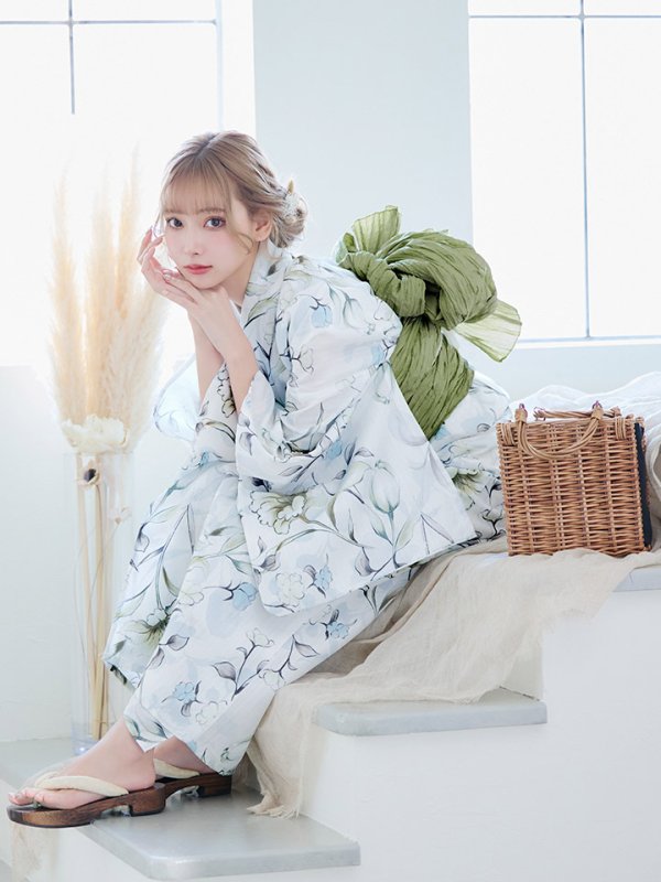 画像16: 【即日発送】水墨風イエロー×ブルー牡丹浴衣 浴衣/帯/飾り紐/下駄4点セット[YMT] (16)