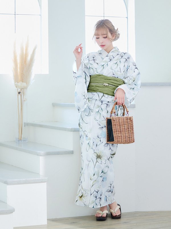 画像4: 【即日発送】水墨風イエロー×ブルー牡丹浴衣 浴衣/帯/飾り紐/下駄4点セット[YMT] (4)