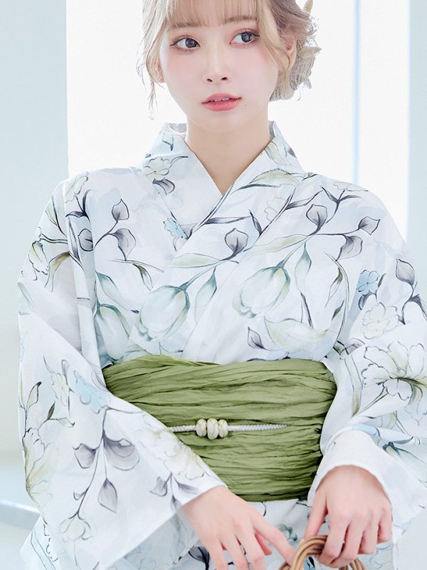 画像5: 【即日発送】水墨風イエロー×ブルー牡丹浴衣 浴衣/帯/飾り紐/下駄4点セット[YMT] (5)