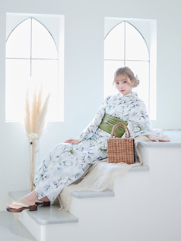 画像9: 【即日発送】水墨風イエロー×ブルー牡丹浴衣 浴衣/帯/飾り紐/下駄4点セット[YMT] (9)