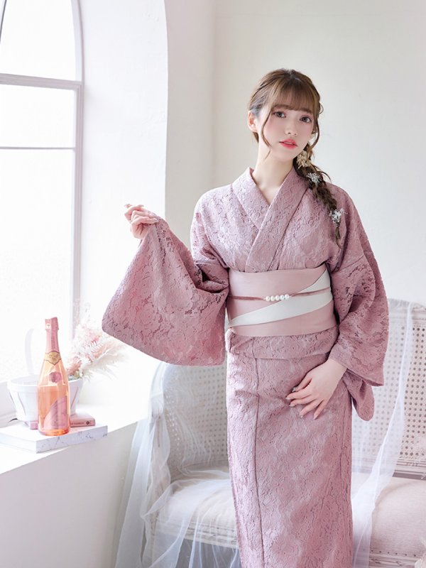 画像12: 【即日発送】ダスティピンクのレース浴衣【浴衣３点セット 浴衣/帯/下駄】[YMT] (12)