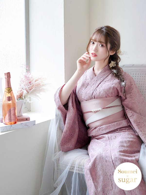 画像2: 【即日発送】ダスティピンクのレース浴衣【浴衣３点セット 浴衣/帯/下駄】[YMT] (2)