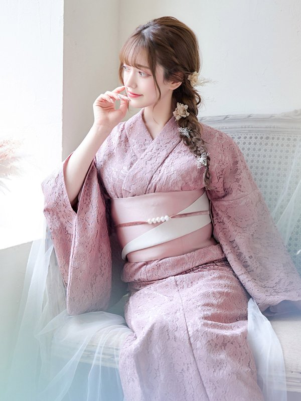 画像8: 【即日発送】ダスティピンクのレース浴衣【浴衣３点セット 浴衣/帯/下駄】[YMT] (8)