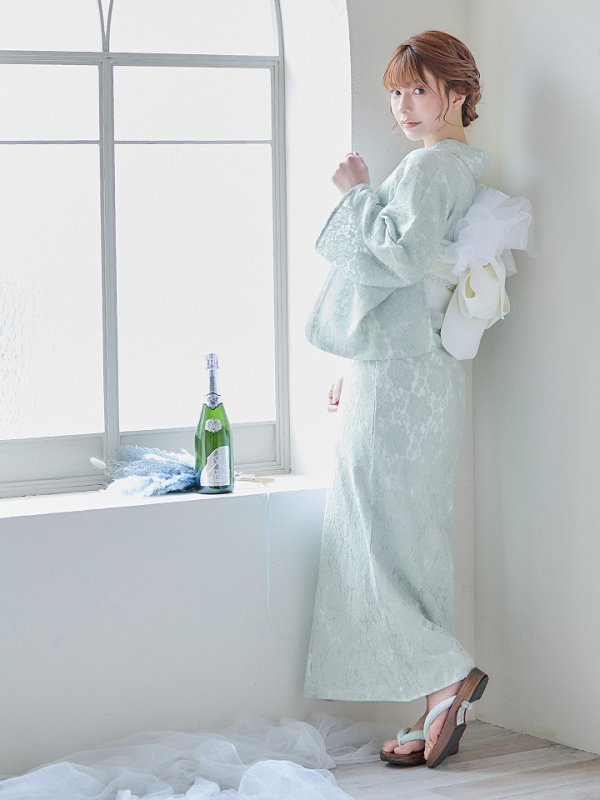 画像12: 【即日発送】ダスティーミントのレース浴衣【浴衣３点セット 浴衣/帯/下駄】[YMT] (12)