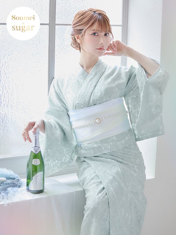 画像2: 【即日発送】ダスティーミントのレース浴衣【浴衣３点セット 浴衣/帯/下駄】[YMT] (2)