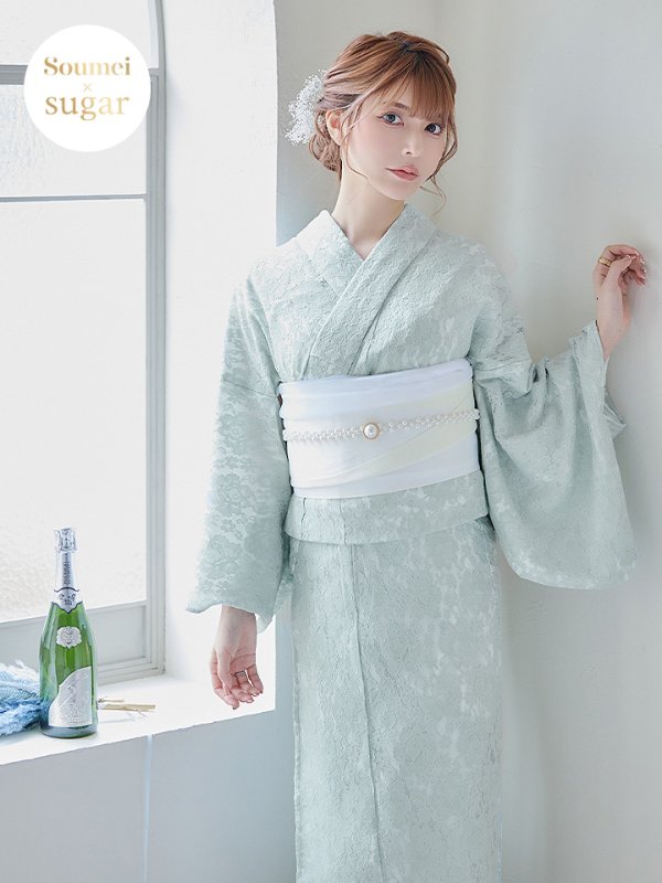 画像3: 【即日発送】ダスティーミントのレース浴衣【浴衣３点セット 浴衣/帯/下駄】[YMT] (3)