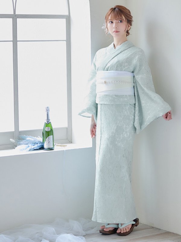 画像4: 【即日発送】ダスティーミントのレース浴衣【浴衣３点セット 浴衣/帯/下駄】[YMT] (4)