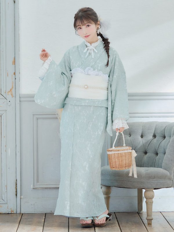 画像4: 【即日発送】ダスティーミントのレース浴衣【浴衣３点セット 浴衣/帯/下駄】[YMT] (4)