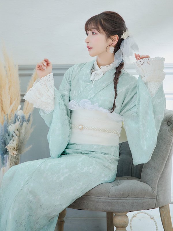 画像9: 【即日発送】ダスティーミントのレース浴衣【浴衣３点セット 浴衣/帯/下駄】[YMT] (9)