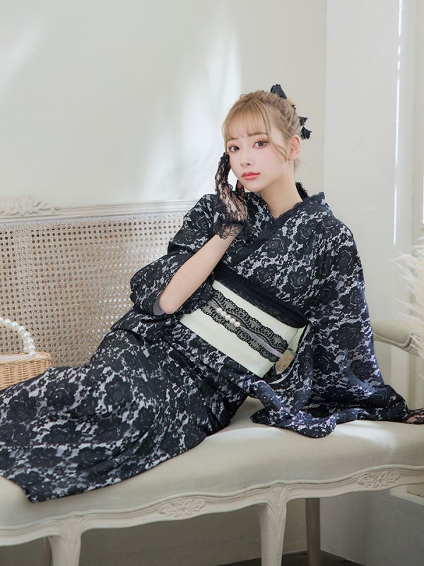 画像10: 【即日発送】ブラックレース浴衣 【浴衣３点セット 浴衣/帯/下駄】[YMT] (10)