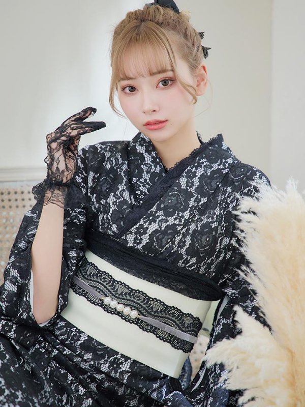 画像14: 【即日発送】ブラックレース浴衣 【浴衣３点セット 浴衣/帯/下駄】[YMT] (14)