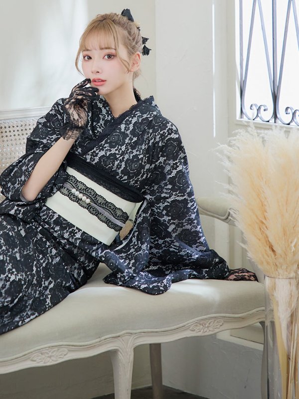 画像16: 【即日発送】ブラックレース浴衣 【浴衣３点セット 浴衣/帯/下駄】[YMT] (16)