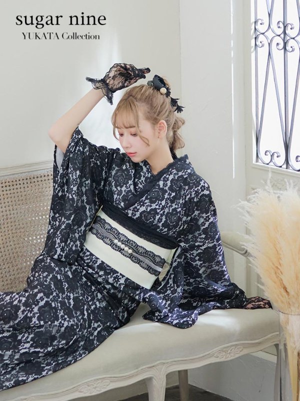 画像2: 【即日発送】ブラックレース浴衣 【浴衣３点セット 浴衣/帯/下駄】[YMT] (2)