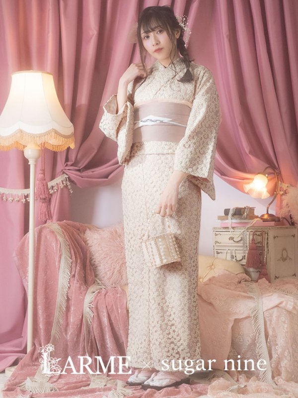 画像2: 【即日発送】くすみピンク地x小花レース浴衣 【浴衣３点セット 浴衣/帯/下駄】[YMT] (2)