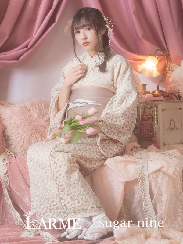 画像3: 【即日発送】くすみピンク地x小花レース浴衣 【浴衣３点セット 浴衣/帯/下駄】[YMT] (3)