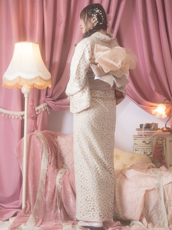 画像4: 【即日発送】くすみピンク地x小花レース浴衣 【浴衣３点セット 浴衣/帯/下駄】[YMT] (4)