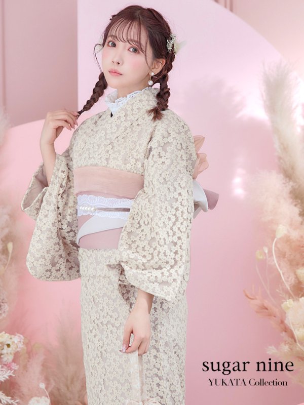 画像3: 【即日発送】くすみピンク地x小花レース浴衣 【浴衣３点セット 浴衣/帯/下駄】[YMT] (3)