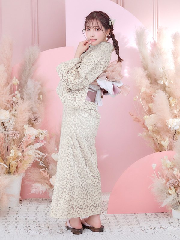 画像10: 【即日発送】くすみピンク地x小花レース浴衣 【浴衣３点セット 浴衣/帯/下駄】[YMT] (10)