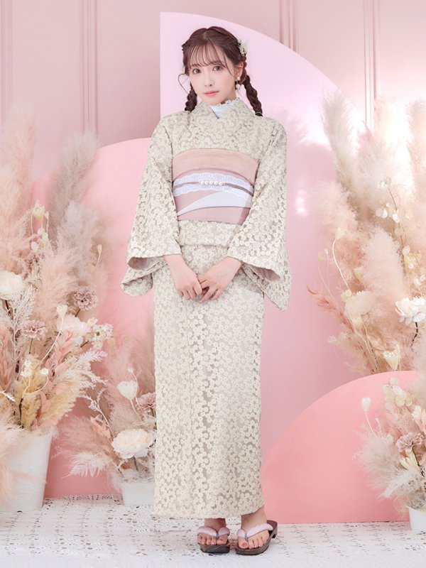 画像4: 【即日発送】くすみピンク地x小花レース浴衣 【浴衣３点セット 浴衣/帯/下駄】[YMT] (4)