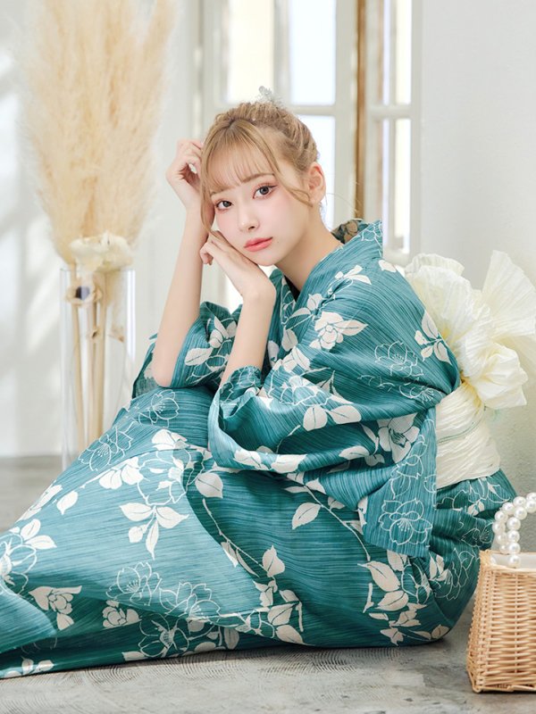 画像10: 【即日発送】【浴衣】アクアブルー椿浴衣 【浴衣３点セット 浴衣/帯/下駄】[YMT] (10)