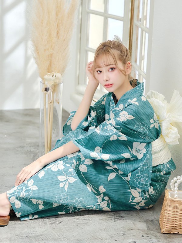 画像11: 【即日発送】【浴衣】アクアブルー椿浴衣 【浴衣３点セット 浴衣/帯/下駄】[YMT] (11)