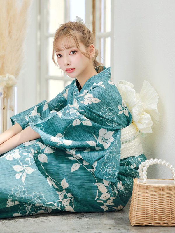 画像12: 【即日発送】【浴衣】アクアブルー椿浴衣 【浴衣３点セット 浴衣/帯/下駄】[YMT] (12)