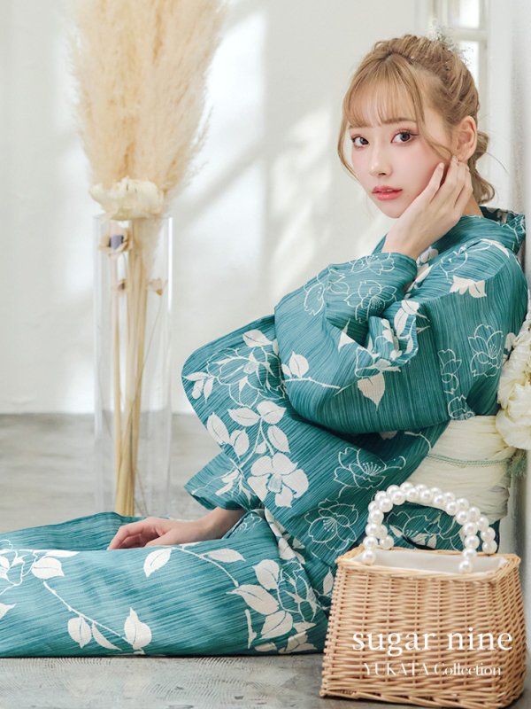 画像2: 【即日発送】【浴衣】アクアブルー椿浴衣 【浴衣３点セット 浴衣/帯/下駄】[YMT] (2)