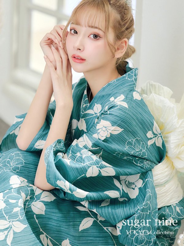 画像3: 【即日発送】【浴衣】アクアブルー椿浴衣 【浴衣３点セット 浴衣/帯/下駄】[YMT] (3)