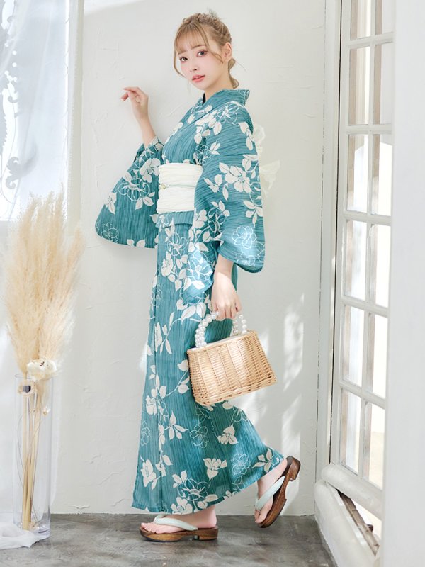 画像4: 【即日発送】【浴衣】アクアブルー椿浴衣 【浴衣３点セット 浴衣/帯/下駄】[YMT] (4)