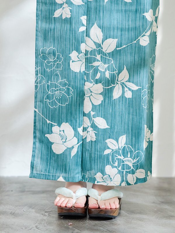 画像7: 【即日発送】【浴衣】アクアブルー椿浴衣 【浴衣３点セット 浴衣/帯/下駄】[YMT] (7)