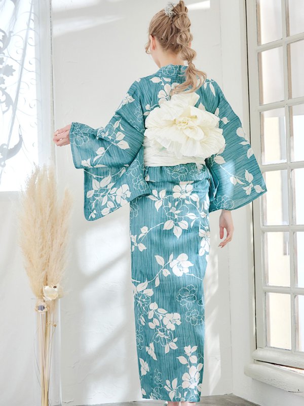 画像8: 【即日発送】【浴衣】アクアブルー椿浴衣 【浴衣３点セット 浴衣/帯/下駄】[YMT] (8)