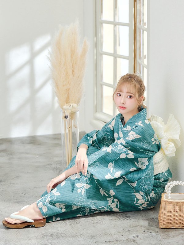 画像9: 【即日発送】【浴衣】アクアブルー椿浴衣 【浴衣３点セット 浴衣/帯/下駄】[YMT] (9)