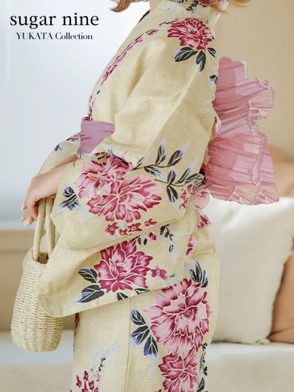 画像2: 【即日発送】【浴衣】イエロー地xピンク牡丹浴衣 【浴衣３点セット 浴衣/帯/下駄】[YMT] (2)