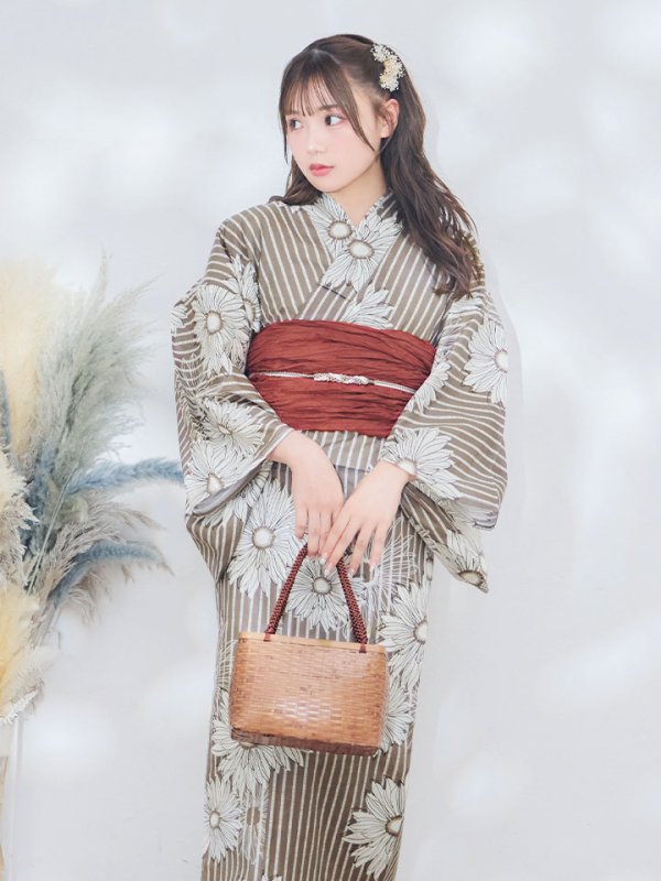 画像10: 【即日発送】ブラウンストライプにガーベラ花浴衣 【浴衣３点セット 浴衣/帯/下駄】[YMT] (10)