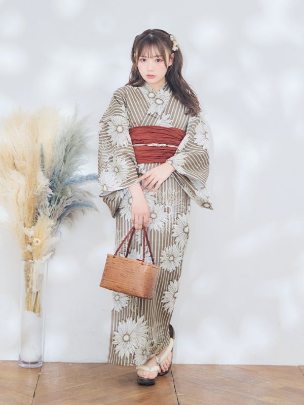 画像12: 【即日発送】ブラウンストライプにガーベラ花浴衣 【浴衣３点セット 浴衣/帯/下駄】[YMT] (12)