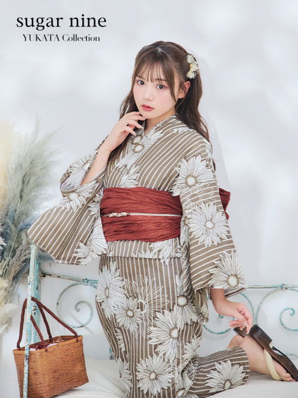 画像2: 【即日発送】ブラウンストライプにガーベラ花浴衣 【浴衣３点セット 浴衣/帯/下駄】[YMT] (2)