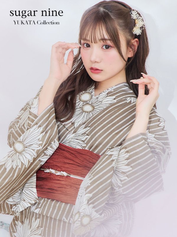 画像3: 【即日発送】ブラウンストライプにガーベラ花浴衣 【浴衣３点セット 浴衣/帯/下駄】[YMT] (3)