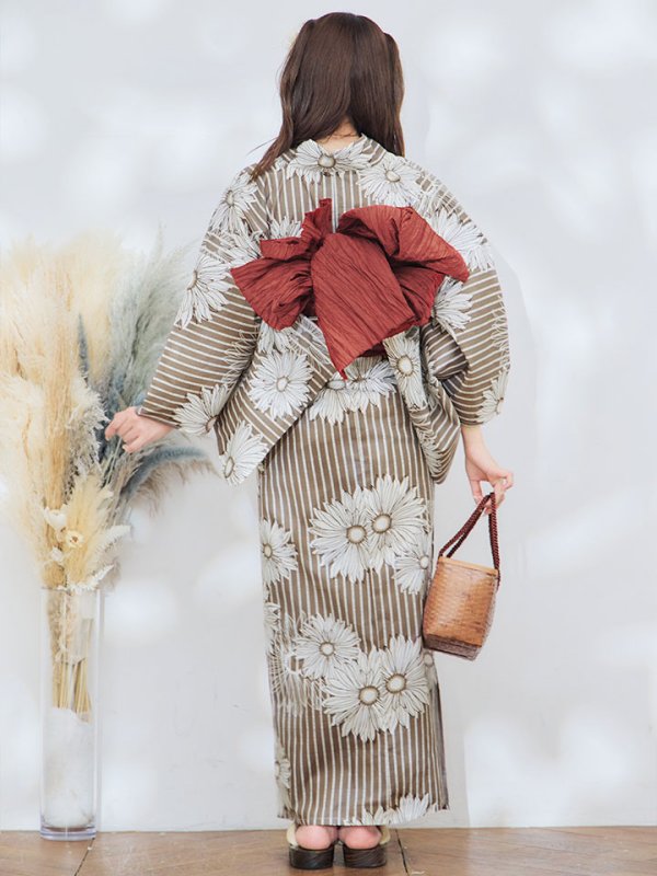 画像8: 【即日発送】ブラウンストライプにガーベラ花浴衣 【浴衣３点セット 浴衣/帯/下駄】[YMT] (8)