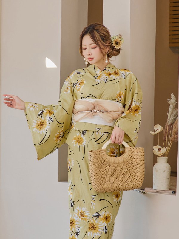 画像10: 【即日発送】くすみイエローマーガレット浴衣【浴衣３点セット 浴衣/帯/下駄】[YMT] (10)