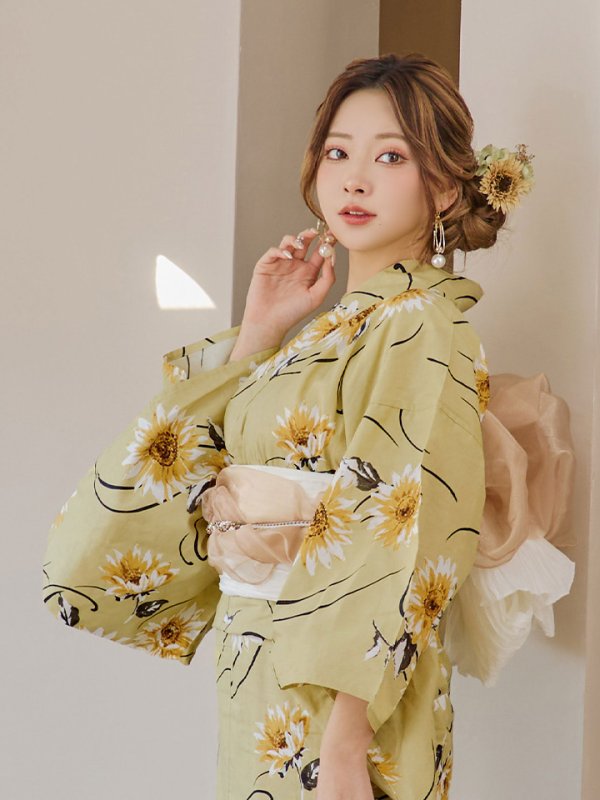 画像11: 【即日発送】くすみイエローマーガレット浴衣【浴衣３点セット 浴衣/帯/下駄】[YMT] (11)