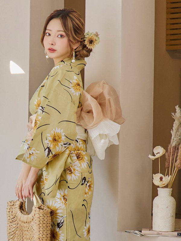 画像12: 【即日発送】くすみイエローマーガレット浴衣【浴衣３点セット 浴衣/帯/下駄】[YMT] (12)