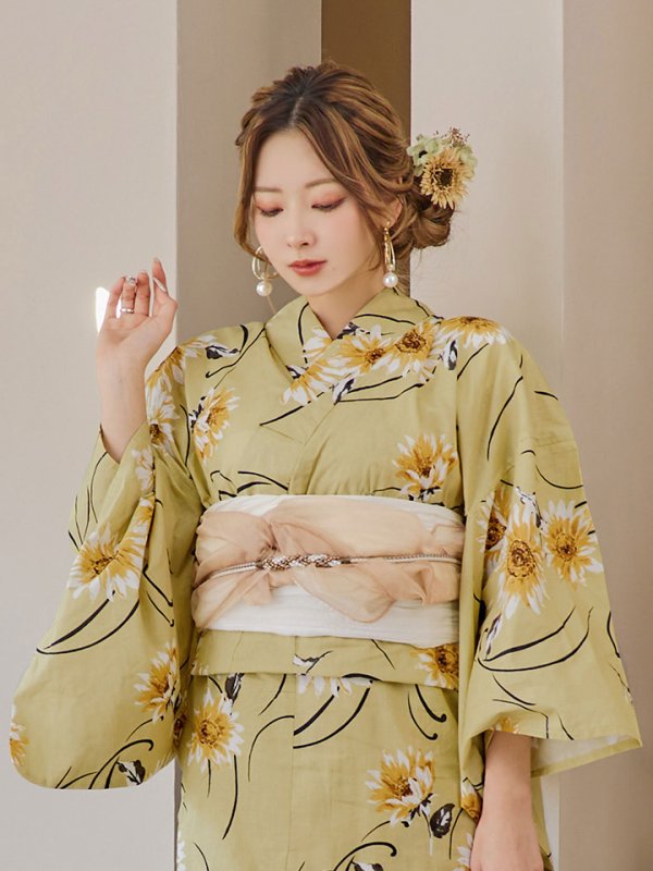画像13: 【即日発送】くすみイエローマーガレット浴衣【浴衣３点セット 浴衣/帯/下駄】[YMT] (13)