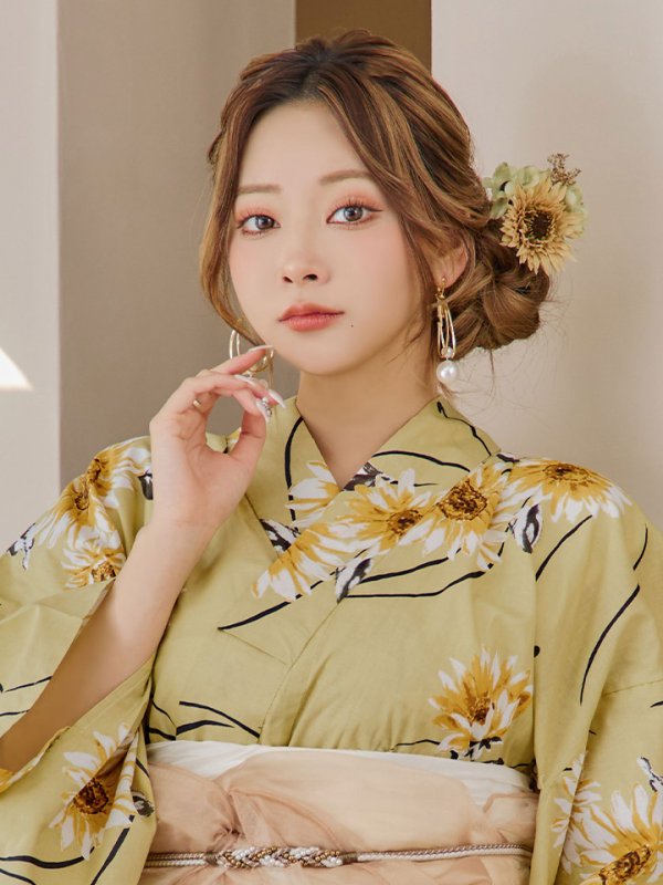 画像14: 【即日発送】くすみイエローマーガレット浴衣【浴衣３点セット 浴衣/帯/下駄】[YMT] (14)