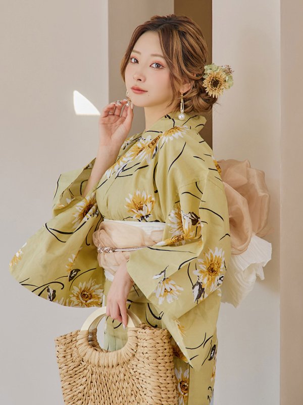 画像15: 【即日発送】くすみイエローマーガレット浴衣【浴衣３点セット 浴衣/帯/下駄】[YMT] (15)