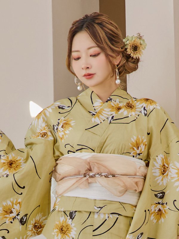 画像17: 【即日発送】くすみイエローマーガレット浴衣【浴衣３点セット 浴衣/帯/下駄】[YMT] (17)