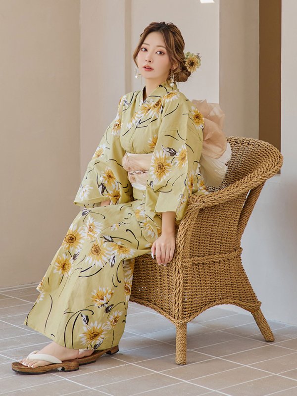 画像18: 【即日発送】くすみイエローマーガレット浴衣【浴衣３点セット 浴衣/帯/下駄】[YMT] (18)