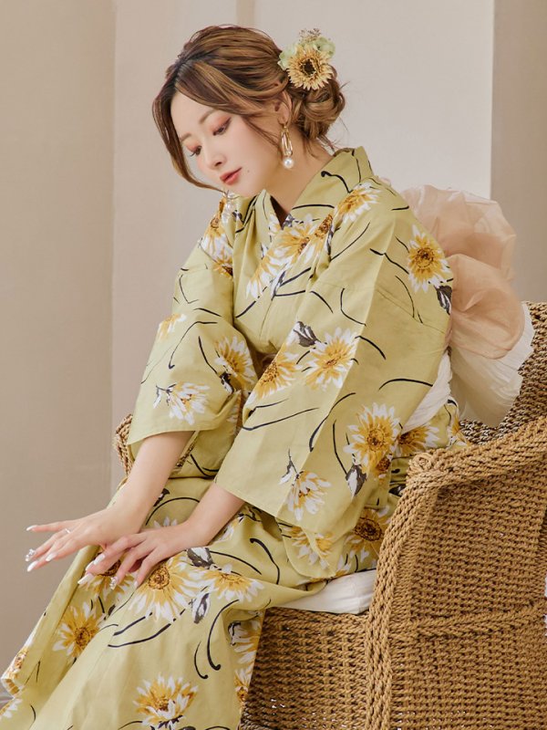 画像2: 【即日発送】くすみイエローマーガレット浴衣【浴衣３点セット 浴衣/帯/下駄】[YMT] (2)