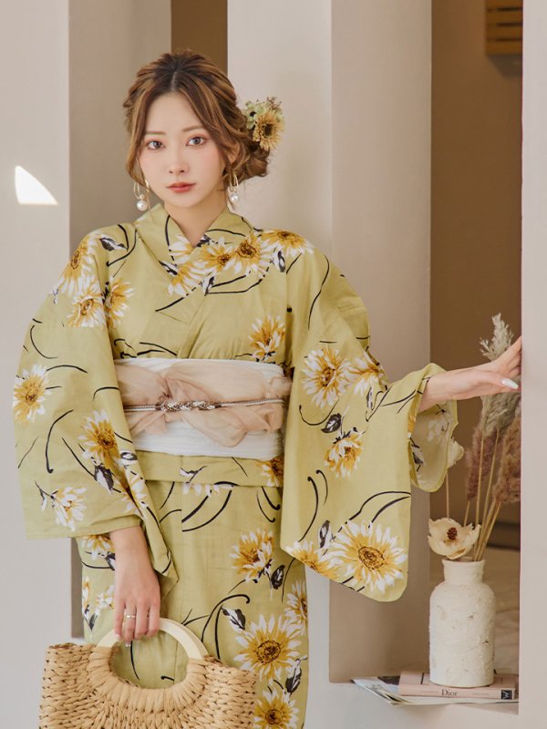 画像3: 【即日発送】くすみイエローマーガレット浴衣【浴衣３点セット 浴衣/帯/下駄】[YMT] (3)