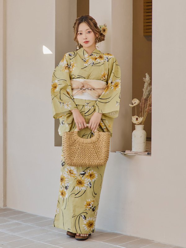 画像4: 【即日発送】くすみイエローマーガレット浴衣【浴衣３点セット 浴衣/帯/下駄】[YMT] (4)